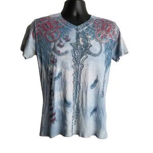 Ring of Fire Winged Sword Graphic Tee Size M Blue Gothic Medieval Fantasy